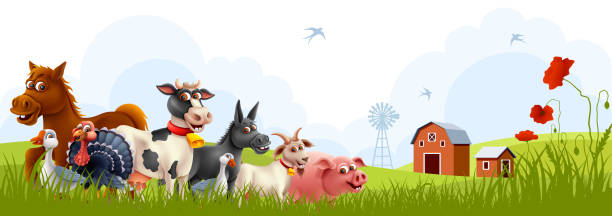 zwierzęta gospodarskie z krajobrazem - farm animal cartoon cow stock illustrations