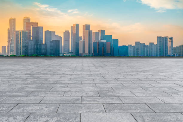 istock Empty Plaza Bricks and Hangzhou Architectural Landscape Skyline 1157941129