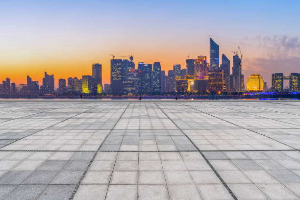 istock Empty Plaza Bricks and Hangzhou Architectural Landscape Skyline 1157942225