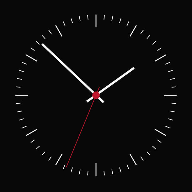 realistyczna ilustracja ciemnej twarzy zegara i czerwonego środka. odizolowany na czarnym tle - wektor - clock wall clock face clock hand stock illustrations