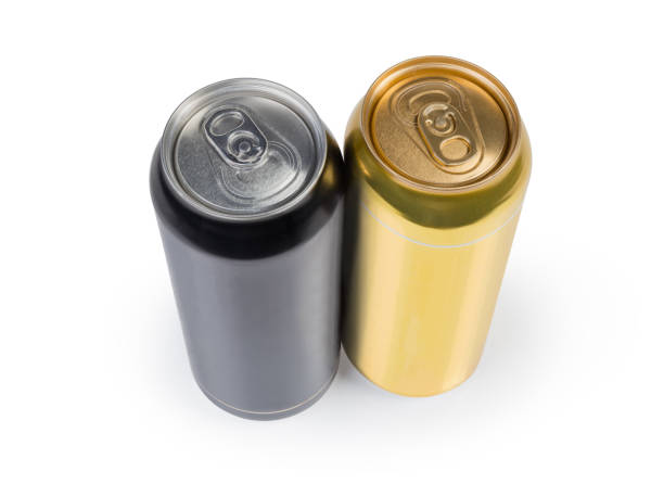 istock Yellow and black sealed beverage cans on a white background 1157944700