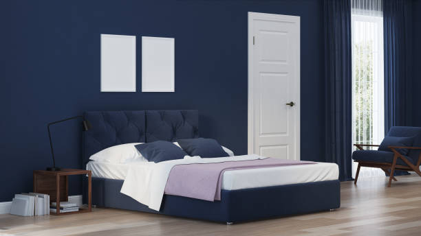 istock Modern house interior. Bedroom in blue tonnes. 3D rendering. 1157944816