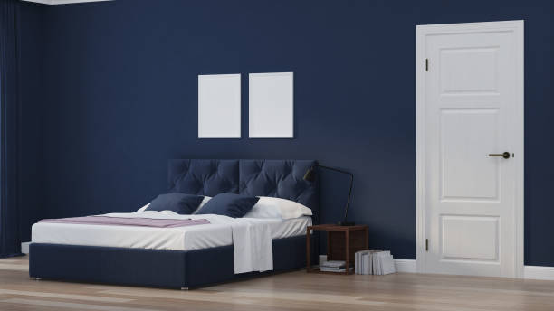 istock Modern house interior. Bedroom in blue tonnes. 3D rendering. 1157944818