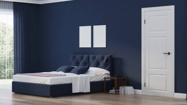 istock Modern house interior. Bedroom in blue tonnes. 3D rendering. 1157944824