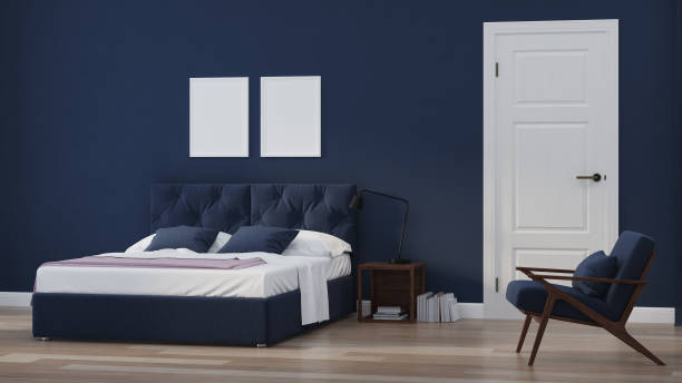 istock Modern house interior. Bedroom in blue tonnes. 3D rendering. 1157944826