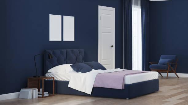 istock Modern house interior. Bedroom in blue tonnes. 3D rendering. 1157944836
