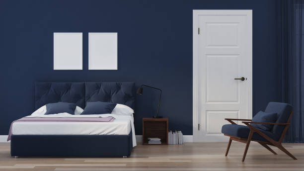 istock Modern house interior. Bedroom in blue tonnes. 3D rendering. 1157944849