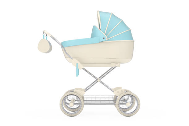 Modern Blue Baby Carriage, Stroller, Pram on a white background. 3d Rendering