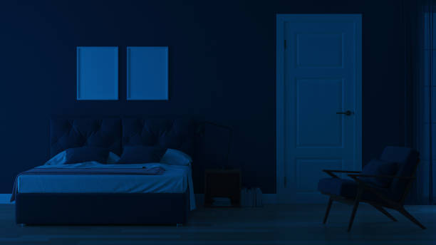 istock Modern house interior. Bedroom in blue tonnes. Night. Evening lighting. 3D rendering. 1157946635