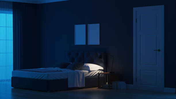 istock Modern house interior. Bedroom in blue tonnes. Night. Evening lighting. 3D rendering. 1157946690