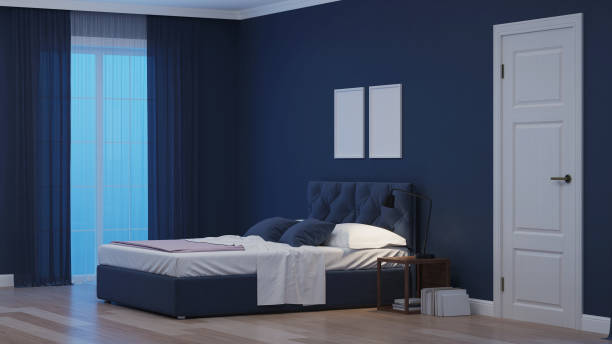 istock Modern house interior. Bedroom in blue tonnes. Night. Evening lighting. 3D rendering. 1157946691