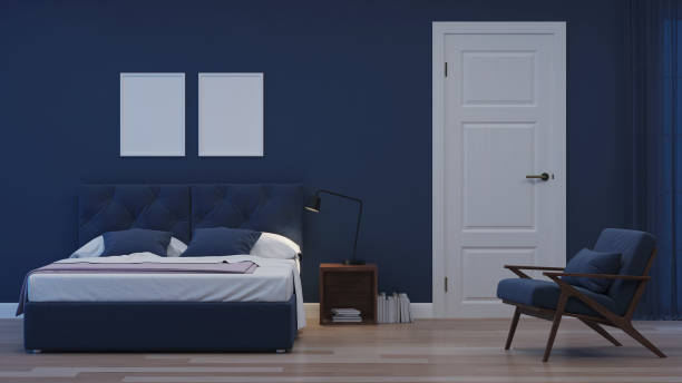 Modern house interior. Bedroom in blue tonnes. Night. Evening lighting. 3D rendering.