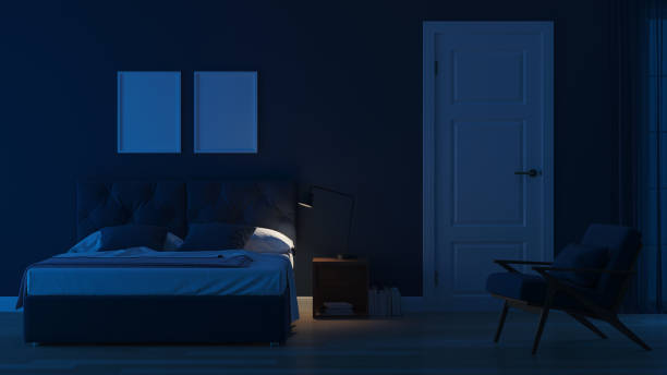 istock Modern house interior. Bedroom in blue tonnes. Night. Evening lighting. 3D rendering. 1157946693