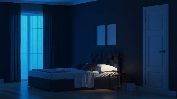 istock Modern house interior. Bedroom in blue tonnes. Night. Evening lighting. 3D rendering. 1157946695
