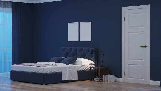 istock Modern house interior. Bedroom in blue tonnes. Night. Evening lighting. 3D rendering. 1157946696