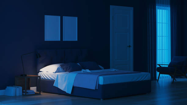istock Modern house interior. Bedroom in blue tonnes. Night. Evening lighting. 3D rendering. 1157946697