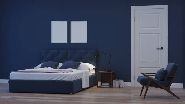 istock Modern house interior. Bedroom in blue tonnes. Night. Evening lighting. 3D rendering. 1157946710