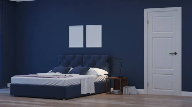 istock Modern house interior. Bedroom in blue tonnes. Night. Evening lighting. 3D rendering. 1157946715