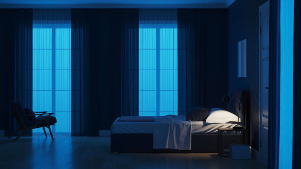 istock Modern house interior. Bedroom in blue tonnes. Night. Evening lighting. 3D rendering. 1157946718