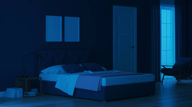 istock Modern house interior. Bedroom in blue tonnes. Night. Evening lighting. 3D rendering. 1157946720