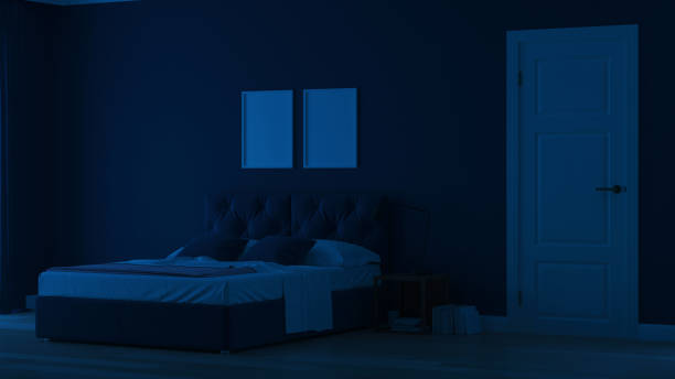 istock Modern house interior. Bedroom in blue tonnes. Night. Evening lighting. 3D rendering. 1157946722