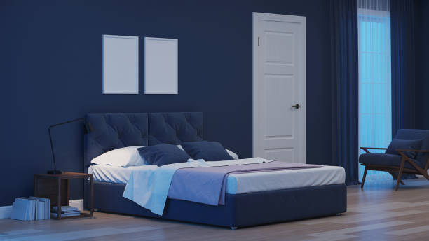 istock Modern house interior. Bedroom in blue tonnes. Night. Evening lighting. 3D rendering. 1157946730