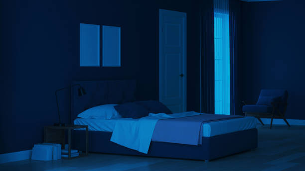 istock Modern house interior. Bedroom in blue tonnes. Night. Evening lighting. 3D rendering. 1157946747