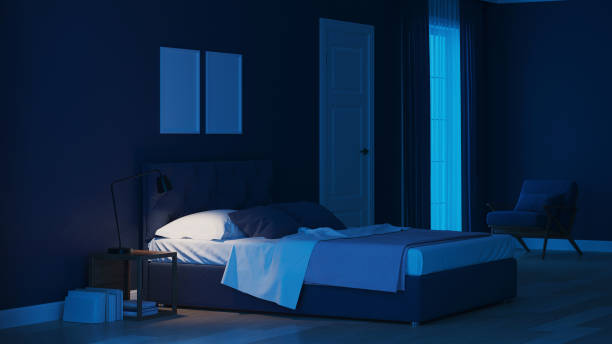 istock Modern house interior. Bedroom in blue tonnes. Night. Evening lighting. 3D rendering. 1157946753