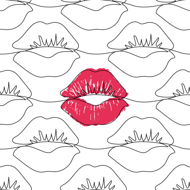 白に分離された1行の唇を持つシームレスなパターン。 - lipstick kiss kissing lipstick love点のイラスト素材／クリップアート素材／マンガ素材／アイコン素材