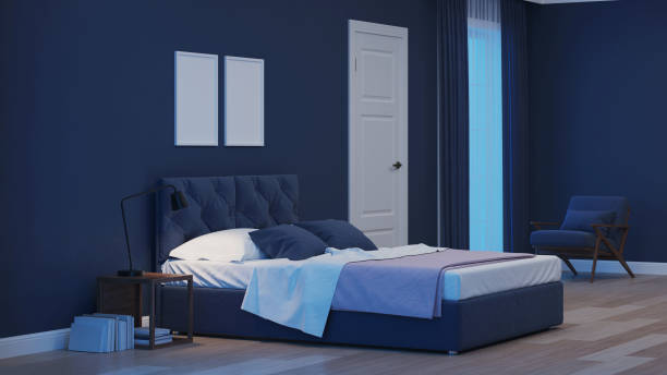 istock Modern house interior. Bedroom in blue tonnes. Night. Evening lighting. 3D rendering. 1157947065