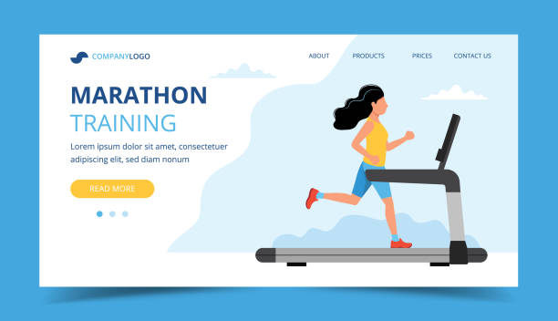 uruchomiony szablon strony docelowej. kobieta biegająca po bieżni. ilustracja do maratonu, biegu miejskiego, treningu, cardio. - treadmill stock illustrations