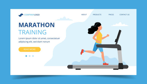 Running landing page template. Woman running on the treadmill. Illustration for marathon, city run, training, cardio. vector illustration treadmill stock illustrations