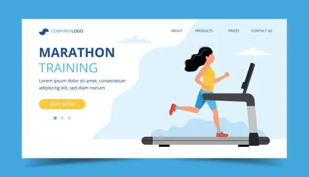 Vector illustration of Running landing page template. Woman running on the treadmill. Illustration for marathon, city run, training, cardio.