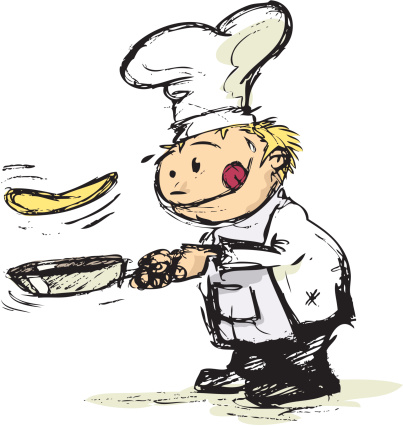 A chef in uniform is very concentrated on flipping a pancake in the air.