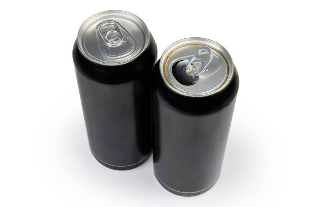 istock Open and closed black metal beverage cans on white background 1157948512