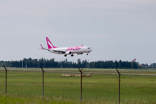 A Swoop Airlines Boeing 737 Next gen with identification C-FPLS landing at Edmonton International Airport on June 23, 2019