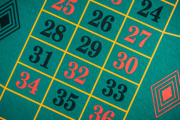 Overhead view over casino roulette felt table with lucky numbers.