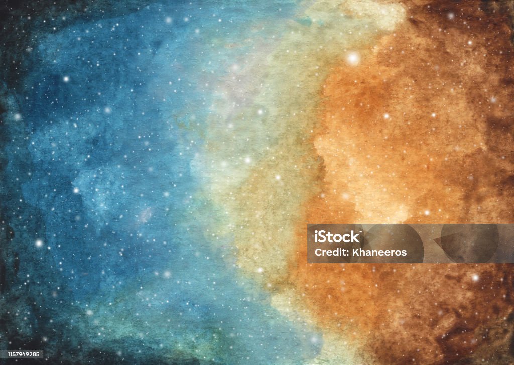 Abstract galaxy painting. Watercolor Cosmic texture with stars. Night sky. Abstract galaxy painting. Watercolor Cosmic texture with stars. Night sky. Milky way deep interstellar. Bright sky with blue and brown clouds, white stars splash. Colorful art space. Dirt stock illustration