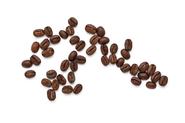 top view of coffee beans isolated on white background, - breakfast close up studio shot group of objects imagens e fotografias de stock