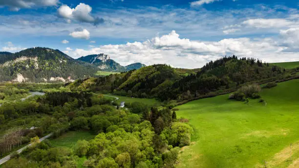 Summertime landscape at Dunajec valley in Poland, aerial view.