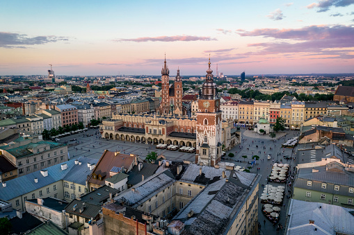 Aerial view of Main Square in Krakow at sunset