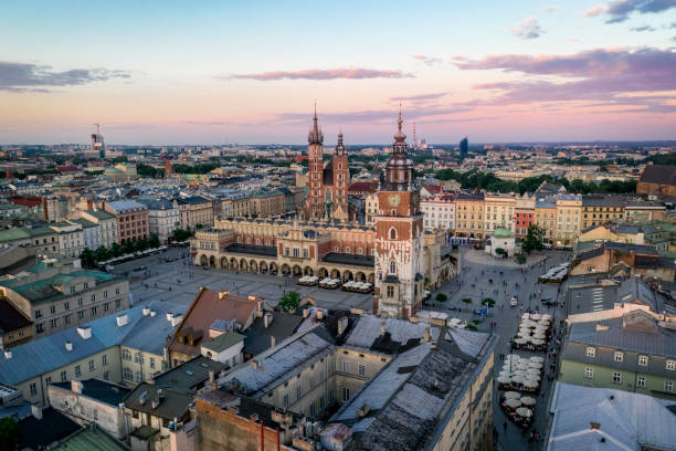 Main Square in Krakow at sunset stock photo