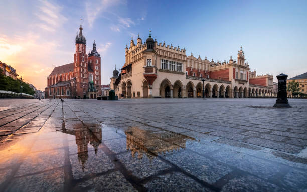 Main Square in Krakow at sunrise stock photo