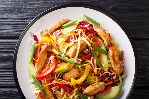 istock Fresh cabbage salad with chicken, avocado and vegetables close-up on a plate. horizontal top view 1157956092