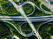 Aerial view of highway and overpass with green woods in Finland.