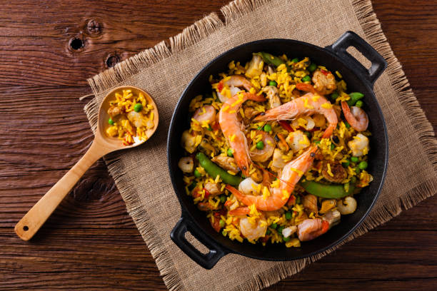 istock Traditional Spanish paella with seafood and chicken. 1157959529