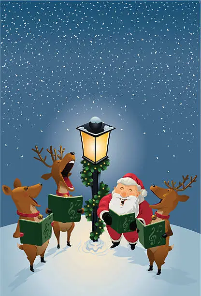 Vector illustration of Santa Claus and Reindeer Singing Christmas Carols by Lamp Post