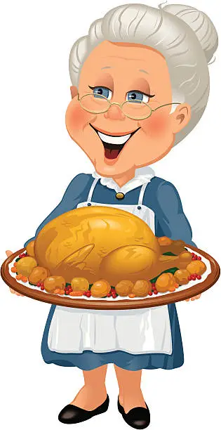 Vector illustration of Grandmother with turkey dinner