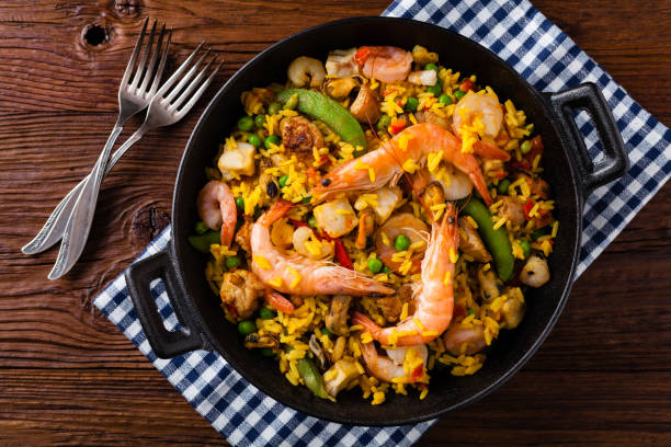 istock Traditional Spanish paella with seafood and chicken. 1157960841