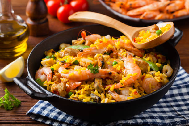 istock Traditional Spanish paella with seafood and chicken. 1157961000